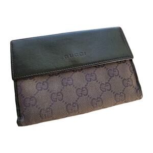 GUCCI Bi-fold Wallet Brown Women's Canvas Leather Signature Web Monogram Vintage